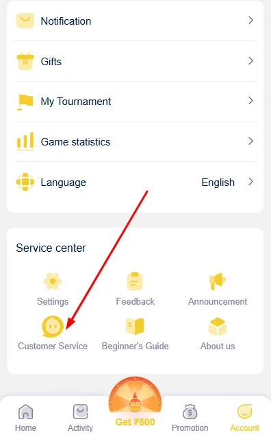 Click on customer service in account section